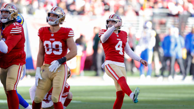 Jan 7, 2024; Santa Clara, California, USA; San Francisco 49ers place kicker Jake Moody (4) misses a field goal during the second quarter against the Los Angeles Rams at Levi's Stadium. Mandatory Credit: Sergio Estrada-USA TODAY Sports  